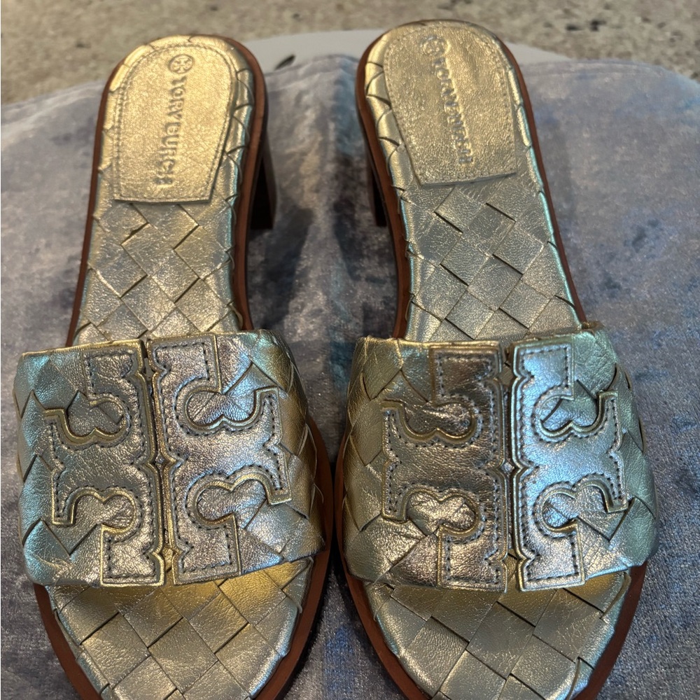 Tory Burch Gold Woven Slide Sandals